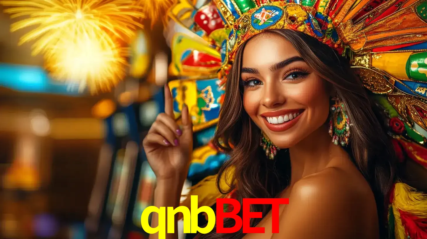 Mulher sorridente com um cocar de carnaval vibrante e colorido, celebrando uma grande vitória nos jogos do cassino qnbbet com fogos de artifício ao fundo.