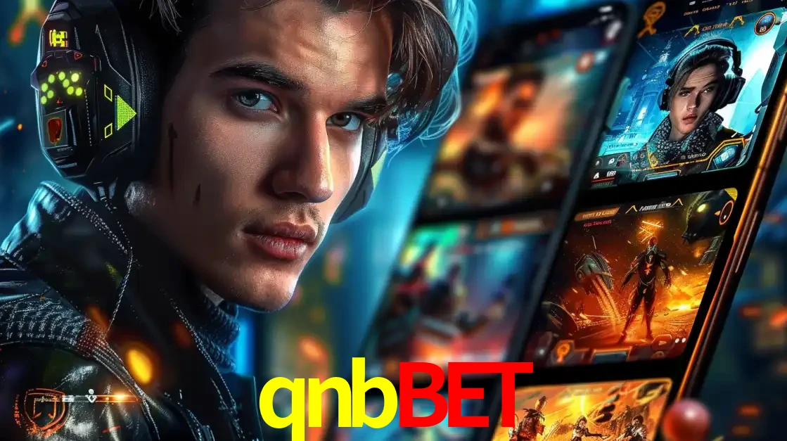 Jovem jogador com fones de ouvido olhando para a câmera, com um aplicativo de jogos e e-sports para celular ao fundo, pronto para a competição e apostas no qnbbet.