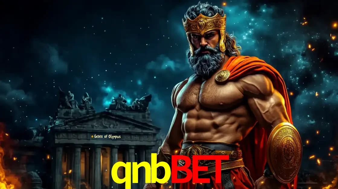 O poderoso Zeus do jogo de slot Gates of Olympus em frente ao seu templo, pronto para lançar multiplicadores divinos e prêmios épicos no cassino online qnbbet.