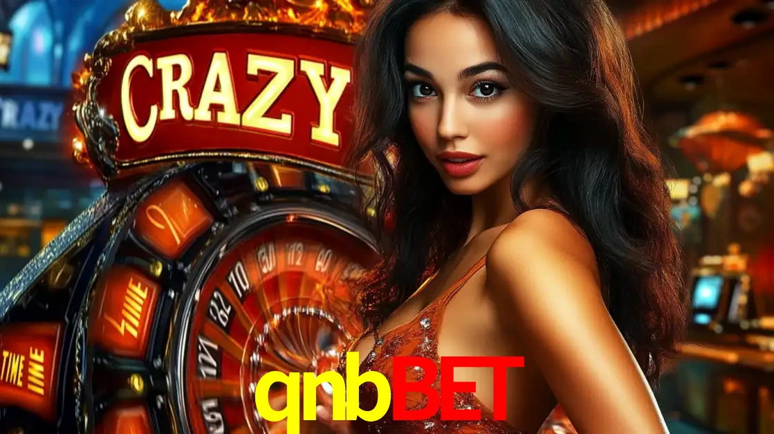 Mulher glamourosa olhando para a câmera com a roda vermelha do Crazy Time ao fundo em um ambiente de cassino, destacando a emoção dos jogos ao vivo no qnbbet.