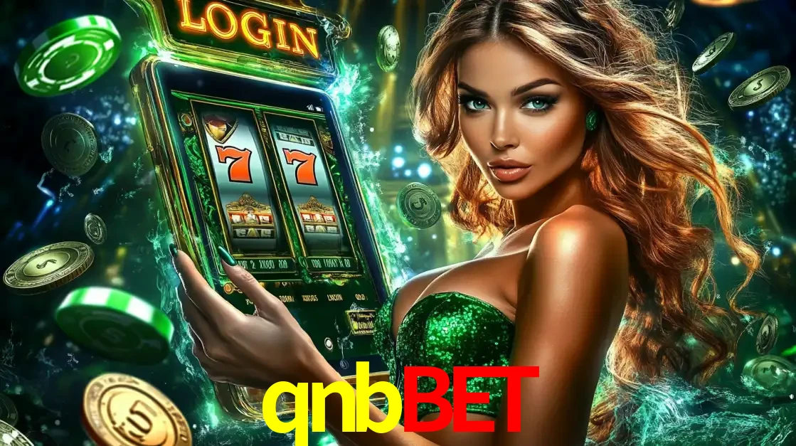 Mulher com tema verde apresentando o aplicativo do cassino qnbbet com um jogo de slot de 777, cercada por fichas de cassino e uma aura de sorte.
