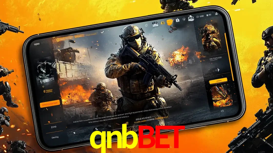 Um smartphone exibindo a interface de um jogo de tiro em primeira pessoa, com um soldado em um cenário de batalha, representando a ação dos e-sports para apostar no qnbbet.