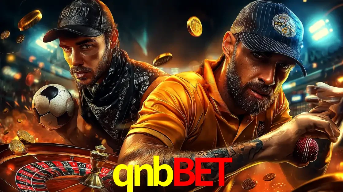 Montagem de apostas esportivas e cassino no qnbbet, com um homem segurando uma bola de futebol e outro uma de beisebol sobre uma roleta e moedas voadoras.