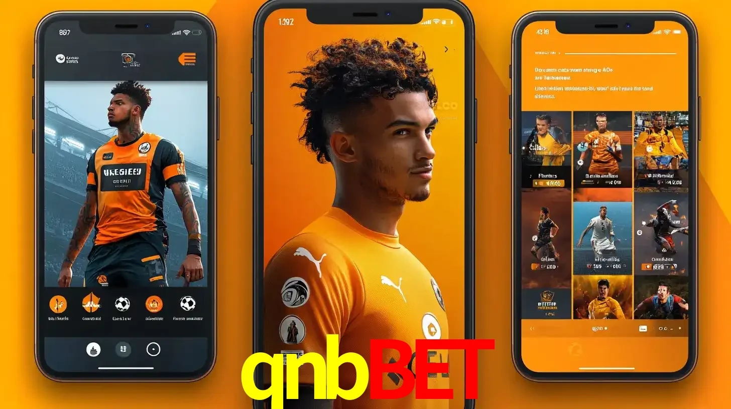 Interface do aplicativo de apostas esportivas qnbbet em três telas de celular, mostrando o perfil de um jogador de futebol e a lista de jogos disponíveis para apostar.