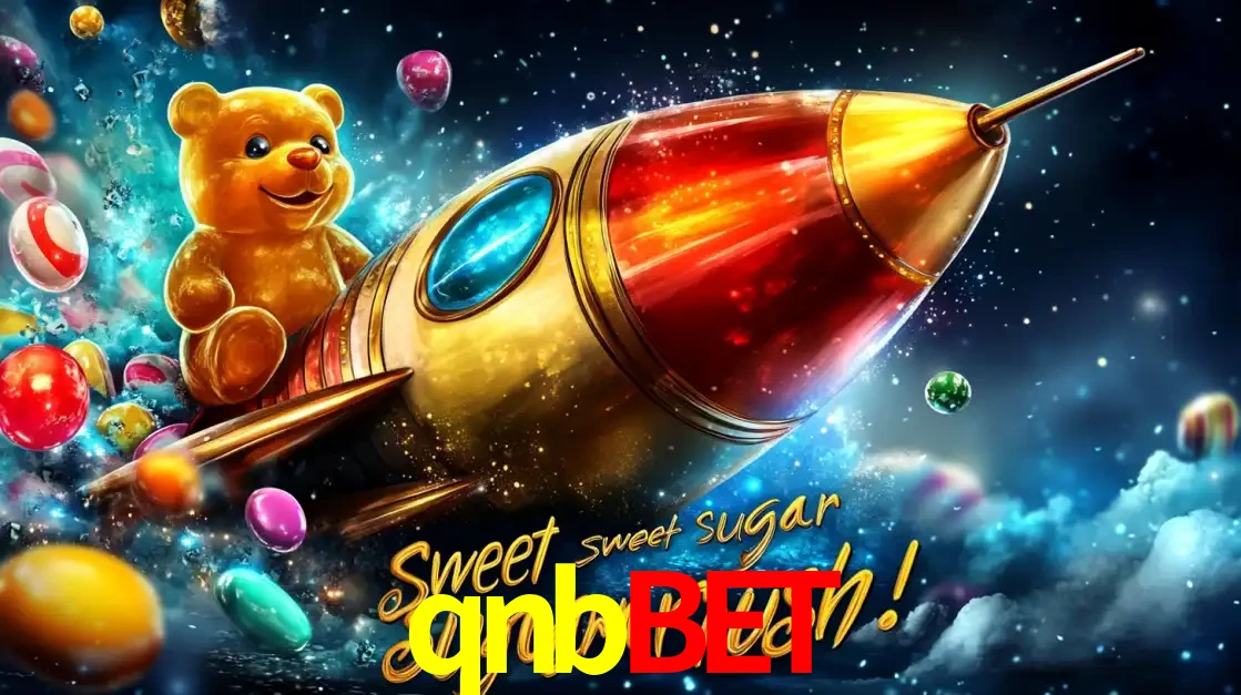 Arte promocional do jogo de slot Sugar Rush, com um urso de pelúcia em um foguete viajando pelo espaço de doces, um dos jogos divertidos disponíveis no cassino qnbbet.