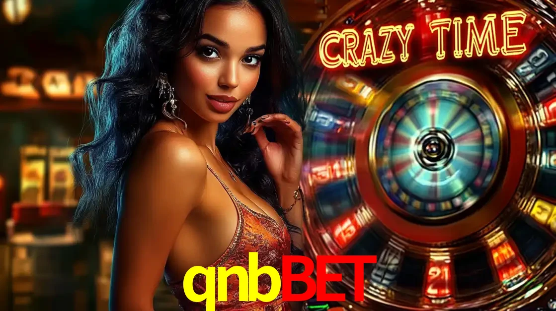 Mulher elegante ao lado da vibrante roda da fortuna do jogo de cassino ao vivo Crazy Time, um dos game shows mais populares e cheios de prêmios do qnbbet.