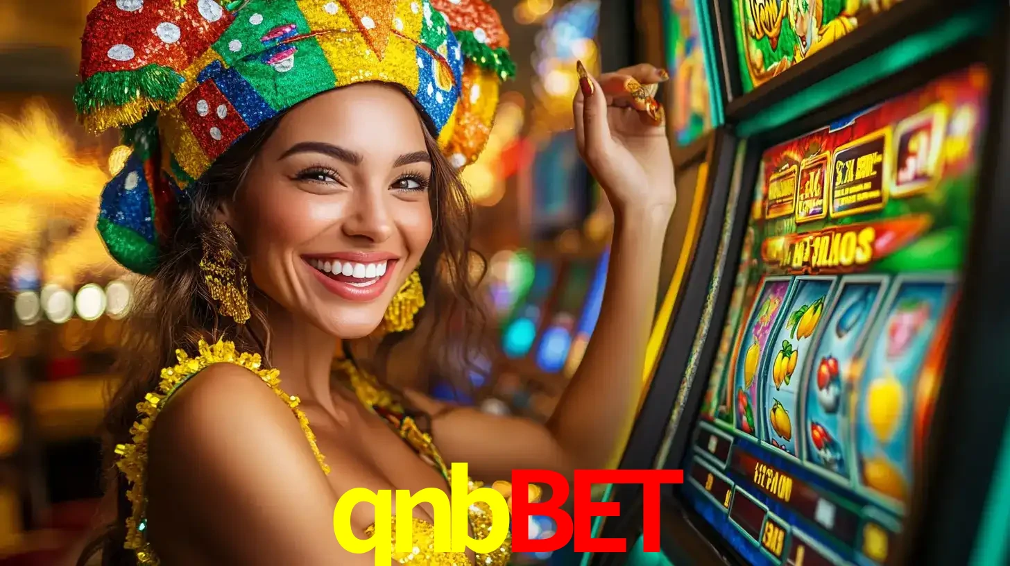 Mulher feliz com traje de carnaval amarelo e colorido ao lado de uma máquina de caça-níqueis, aproveitando a diversão e os jogos temáticos do cassino qnbbet.