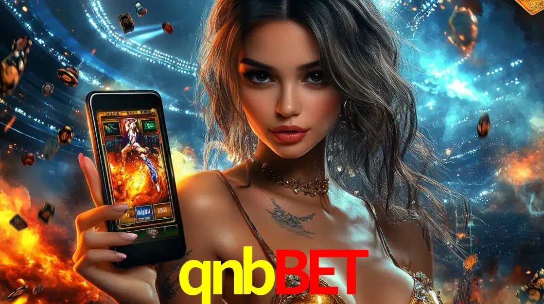 Mulher segurando um celular com um jogo de slot em destaque, tendo como fundo um estádio vibrante, simbolizando a emoção de jogar no cassino móvel qnbbet.
