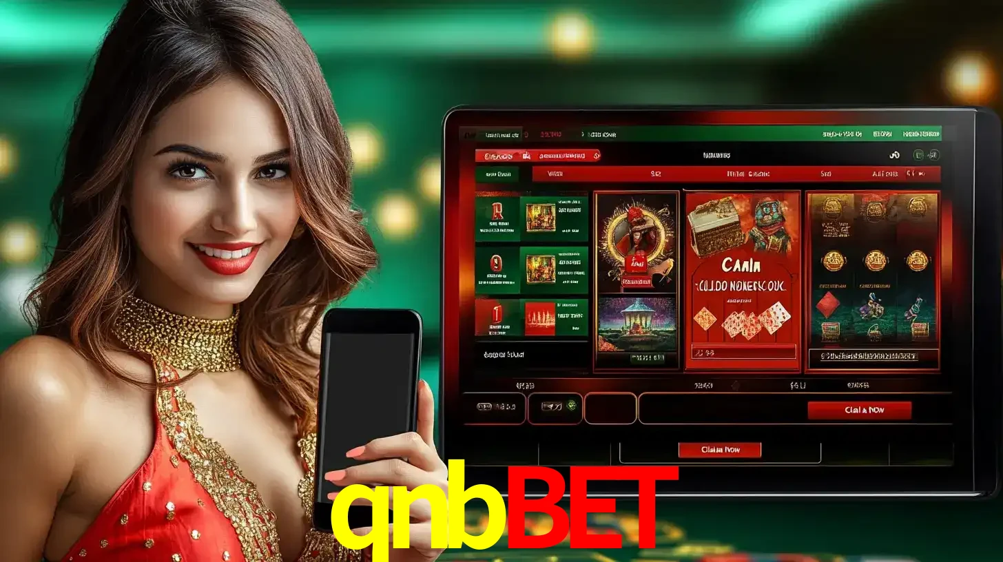 Mulher sorridente segurando um smartphone, ao lado de uma tela exibindo o lobby de jogos do cassino online qnbbet, com várias opções de jogos de cartas e slots.